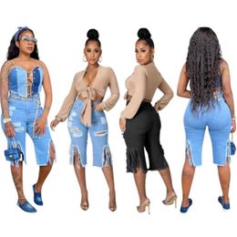 bulk wholesale womens jeans shorts denim pants knee length leggings sexy tassel hole trousers comfortable women clothing kl7291