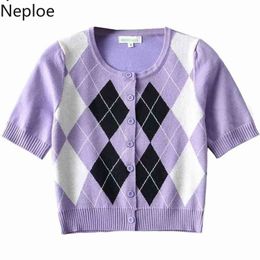 Neploe Plaid Cropped Cardigan Graphic T Shirts Summer Woman Tshirts Korean High Waist T Shirts Fashion Ladies Crop Tops 210422