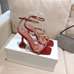 Alta qualità Gilda rosso glitter Sandali cinturino con cinturino incrostato di cristalli Tacchi tacco alto per le donne estate designer di lusso scarpe da festa con tacco calzature di fabbrica