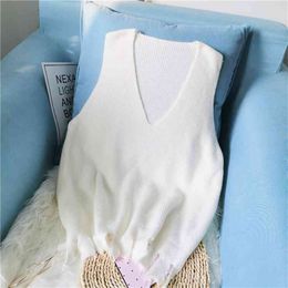 Plus Size Autumn And Winter Loose Women Vest Short Sweater Knitted Pullovers Black & Light Blue V Neck Wool Female Top 210427