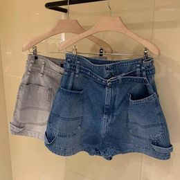 Women's Jeans High Waist Shorts Blue Grey Female Casual Cotton Soft Denim Cargo Pants With Sashes 2021 Spring Summer