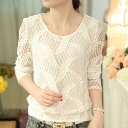 White Blouse Women Spring Summer Lace Blouse Shirt Vintage Hollow Out Long Sleeve O Neck Casual Camisa Blanca Mujer Printxxl xxxl