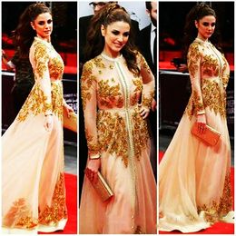 nude two piece prom dresses Australia - 2021 Arabic Kaftan Formal Evening Dresses With Golden Lace Appliques Beaded Long Sleeve Illusion Prom Party Gowns Caftan Jewel Neck