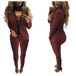 Autumn Winter Solid Colour Long-Sleeved Sexy V-Neck Hollow Neck Fashion Jogger Suit Women Two Piece Outfits Pants Matching Sets 210525