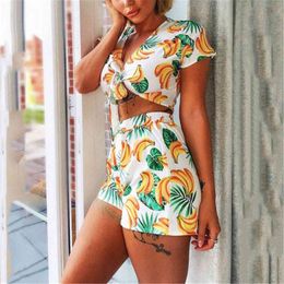 Womens Floral Beach 2 Piece Outfits Bow Banana Print Bodycon Wrapped Crop Top Shorts Set Summer Holiday Casual Party Ladies Sets 210507