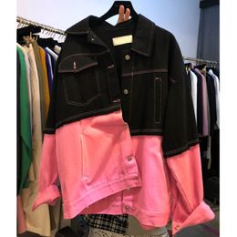 Spring Long Sleeve Panelled Raw Edge Plus Size Trend Coat Feminino Korea Turn-down Collar Loose Denim Jacket 210510