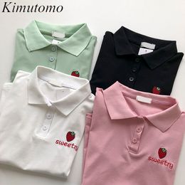 Kimutomo Fresh Style Strawberry Letter Embroidered T-shirt Female Summer Korean Fashion Short Sleeve Top Casual 210521
