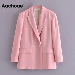 Aachoae Double Breasted Pink Blazer Women Office Long Sleeve Elegant Coat With Pockets Ladies Notched Collar Jackets Blazers 210413
