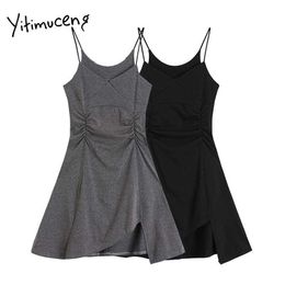 Yitimuceng Irregular Spaghetti Strap Dresses Women Summer Ruched Bare Shoulder Sexy High Waist Sundress Korean Fashion 210601