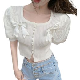 Diamond buckle bowknot puff sleeve knitted cardigan women's short top summer Korean fashion clothing 210520