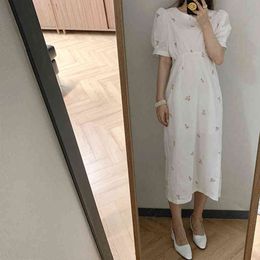Summer Dress Kawaii Embroidery Short Sleeve Women Vintage A-line White Beach Sundresses Clothes 210515