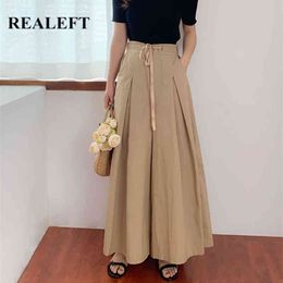 Spring Summer Vintage Bohemian Women's Pants Lace Up Elastic Waist Loose Female Beach Wide Leg Trouses Ladies 210428