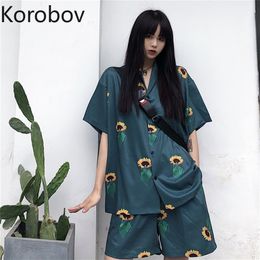 Korobov Vintage Chic Summer Flower Print Women Blouses and Shorts 2 Pieces Sets Streetwear Women Two Piece Outfits 210430