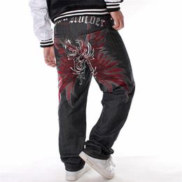 Men's Black Baggy Hip Hop Jeans loose straight embroidery HipHop Rap Brand Designer Skateboard Pants Wide Leg Denim 210723