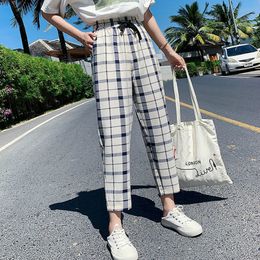 Spring Summer Women Harem Pants Vintage Casual Loose Cotton and Linen Plaid Fashion Female Straight Trousers 210423