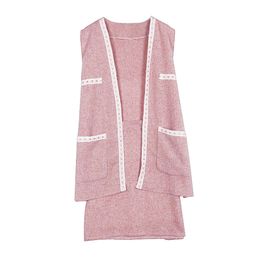 Women Pink Black Set Two Pieces Cardigan Sleeveless Tank Empire Mini Skirt Small Fragrance T0159 210514