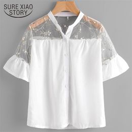 arrived summer blouse women short sleeved white female lace hollow tops fashion solid shirt D399 30 210506