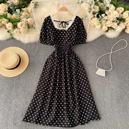 Vintage Black/Red/White Polka Dot Dress Women Elegant Square Collar Short Puff Sleeve High Waist Casual Vestidos 2021 New Summer Y0603