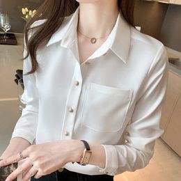 Korean Satin Shirt White Woman Silk Blouses Elegant Office Lady Long Sleeve Shirt Top Plus Size Blouse 210604