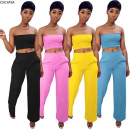 CM.YAYA Women solid tracksuit strapless crop top staight loose jogger sweatpant suit two piece set sport matching set outfit Y0625