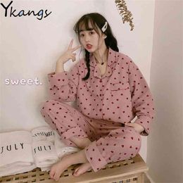 Sweet Pink Women Pajamas Sets Pyjama Cute Cartoon Printed Button Top+Long Pants 2Pcs /lot Pijama Plus Size Sleepwear Lounge Wear 210421