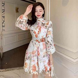 SHENGPALALE elegant lace hollow out dress women's summer stand collar long sleeve mini dresses female tide with belt 210427