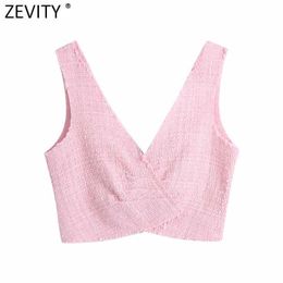 Zevity Women Fashion V Neck Texture Tweed Short Vest Blouse Female Chic Casual Pleat Design Shirt Crop Blusas Summer Tops LS9383 210603