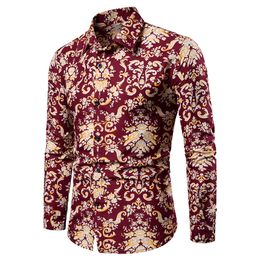 Men's Casual Shirts Long Sleeves Fashion Flowers Printed Tops Casuals Outdoor Tees Lapel Neck Clothes Colours M-4XL