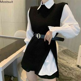 Autumn Elegant Two Piece Set For Women Plus Size Long Sleeve Buttons Up Bloust And Shirt + Belt Knitted Vest Outfits Korean 210513