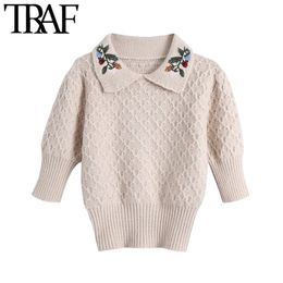 TRAF Women Fashion Floral Embroidery Knitted Sweater Vintage Peter Pan Collar Short Sleeve Female Pullovers Chic Tops 210415