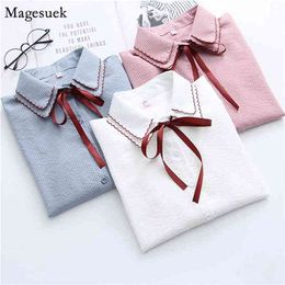 Plus Size Women Tops and Blouses Bow Sweet Casual Long Sleeve Womens Slim Chiffon White Shirt Blusas Mujer 3142 210512