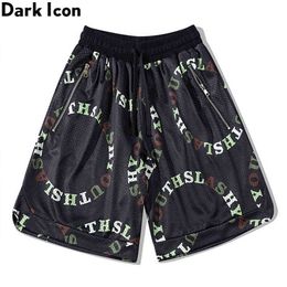 Letters Prined Mesh Material Men's Shorts Elastic Waist High Street Shorts for Men Black White 210603