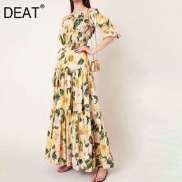 Strapless Flare Sleeve Pleated Waist Short Top High Printed Maxi Dresses For Women Sets Two Piece Spring GX205 210421