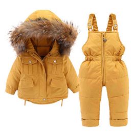 Russia Winter Children's Clothing Set Kids Snowsuit Boys Warm Coat Jackets Big Fur Collar Jumpsuit Gilrs Down Parka Overall 211111