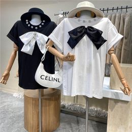 Women's T-Shirt Beaded Three-Dimensional Big Bow Sweet Short-Sleeved Loose Western Style Round Neck Tops Harajuku