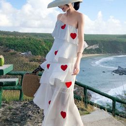 Summer Women Sweet Heart Style Sling Cascade Ruffles Midi Dress Vita alta Slim Beach Abiti da festa senza schienale 210527