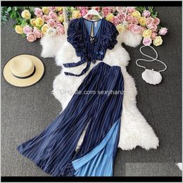 Clothing Apparel Drop Delivery 2021 Blue Striped Crop Top Long Pant Two Piece Set Women Summer Sexy Backless Knotted Tops Wide Leg Pants Part