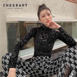 Dragon Print Asymmetrical Velvet Crop Top Long Sleeve T Shirt Turtleneck Women Bodycon Tee Shirts Fashion Ladies 210427
