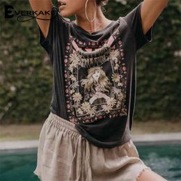 Everkaki Retro Bohemian Tshirt Women Printed Tees&Tops Summer Boho T Shirt Women Fashion&Casual Womens Clothing T-Shirt 210401