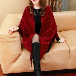 Faux Cashmere Cape Shawl Coat Women Spring And Autumn Winter Dual-use Warm With Sleeves Fringed Rhinestones In The Long Section 210427