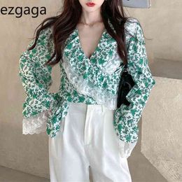 Ezgaga Floral Printed Lace Blouse Women Spring Summer V-Neck French Style Criss-Cross Loose Flare Sleeve Shirts Fashion 210430