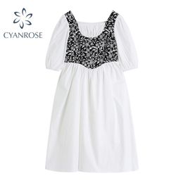 Women's Summer Vintage Spliced Dress Square Collar Loose Puff Short Sleeve French White Dresses Party Mori Girl Vestidos 210515