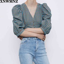 Chic Green Fashion Za Women shirt V-neck puff sleeve plaid short tops ladies casual Stylish slim British Style T-shirt vestidos 210510