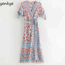 Holiday Summer Dress Women Floral Print Wrap Boho Female Cross V Neck Short Sleeve Sashes A-line Casual Long 210514