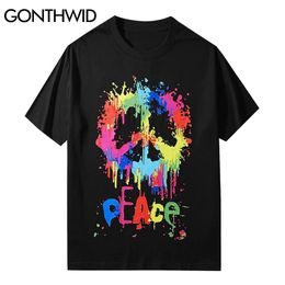 T-Shirts Streetwear Colourful Graffiti Ink Anti-War Peace Tshirts Fashion Harajuku Casual Hip Hop Loose Mens Tees Tops 210602