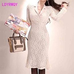 Spring Korean temperament slim suit collar waist lace stitching package hip dress Office Lady Regular 210416