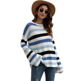 Spring Autumn Woman Pullover Blue Flare Sleeve Loose Striped Sweater Korean Style Casual Crew-Neck Kobieta Swetry 210604