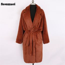 Nerazzurri Autumn Long Oversized Brown Soft Light Faux Fur Coat Women Long Sleeve Belt Casual Korean Fashion without Buttons 211019