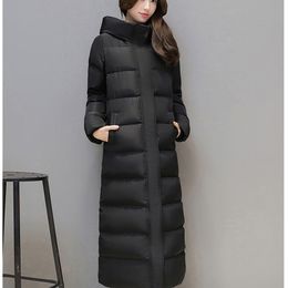 Women's super long down jacket winter puffer Thick coat Black Red Hooded zipper Keep warm plus size 211013
