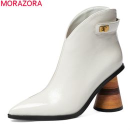 MORAZORA Genuine leather boots thick high heels pointed toe ankle boots autumn winter fashion women boots black white 210506